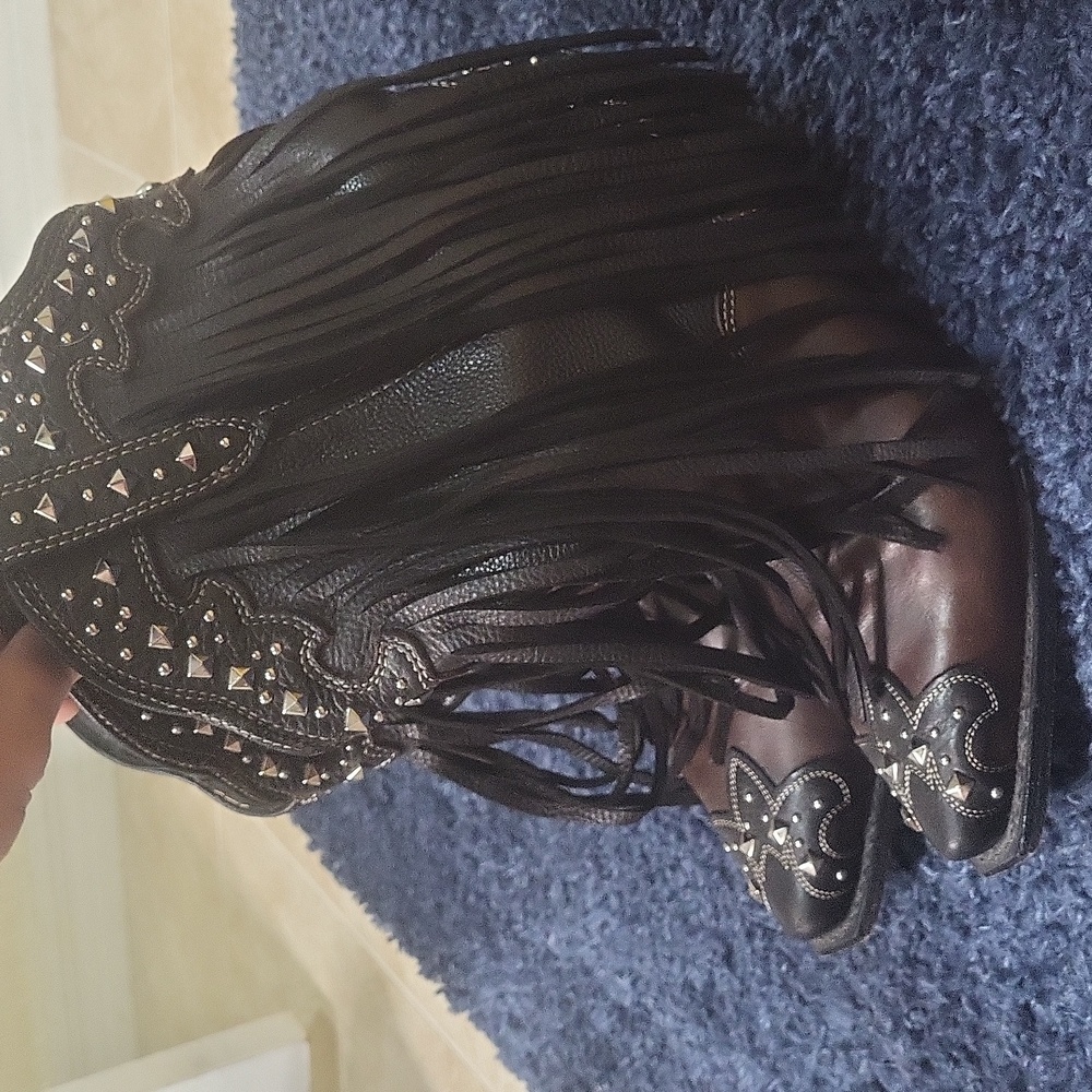Rockin Countey Wide Calf Fringe Studded Cowboy Boots